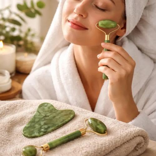 Kit Rolo de Jade e Gua Sha Beladermy para Aplicação de Sérum