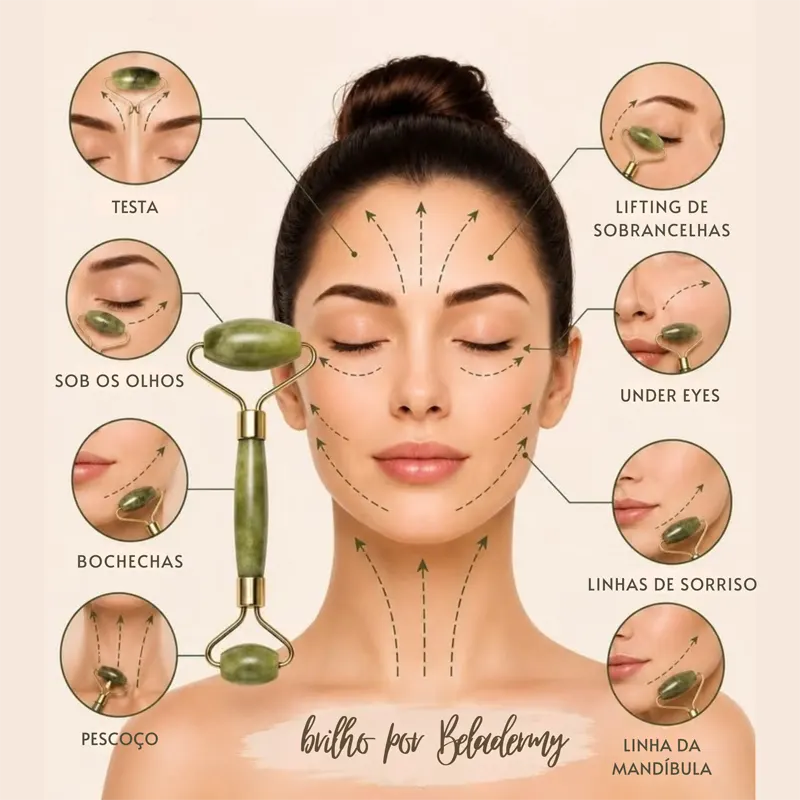 Massageador Facial Beladermy com Rolo de Jade e Ferramenta Gua Sha em Pedra Natural do Himalaia para Tratamento Facial e Pescoço, Redução de Rugas e Aplicação de Sérum